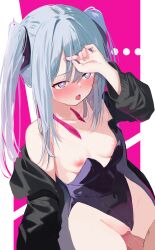 Rule 34 | ..., 1boy, 1girl, absurdres, aqua hair, bare shoulders, black jacket, black leotard, blue eyes, blush, breasts, cleavage, covered navel, hatsune miku, hetero, highres, jacket, large breasts, leotard, long sleeves, looking to the side, memekko, nipples, open mouth, pantyhose, penis, pink background, playboy bunny, rabbit hole (vocaloid), solo focus, sweat, tongue, tongue out, twintails, two-tone background, vocaloid