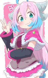 Rule 34 | 1girl, ahoge, arm under breasts, arrow (symbol), blue hair, border, cowboy shot, dated, dragon girl, glaze artifacts, hair ornament, hairclip, highres, indie virtual youtuber, jacket, long hair, multicolored hair, nanoko doragon, notice lines, open mouth, outline, outside border, pink background, pink hair, solo, star (symbol), tabayan jigokuhen, thighhighs, two-tone hair, virtual youtuber, w, white border, white outline