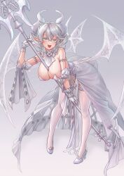 Rule 34 | 1girl, absurdres, between breasts, breasts, cleavage, commission, demon girl, demon horns, demon wings, dress, duel monster, gloves, grey eyes, highres, horns, large breasts, looking at viewer, lovely labrynth of the silver castle, low wings, pixiv commission, pointy ears, silentcity, smile, solo, transparent wings, twintails, white hair, white horns, wings, yu-gi-oh!