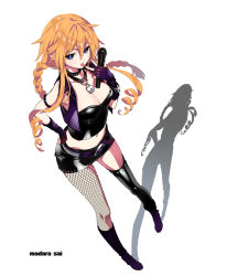 Rule 34 | 1girl, arm strap, asymmetrical footwear, black footwear, black skirt, blonde hair, blue eyes, boots, breasts, cleavage, crop top, date a live, fingerless gloves, fishnet thighhighs, fishnets, floating hair, from above, full body, gloves, hair between eyes, hand on own hip, highres, holding, holding microphone, knee boots, long hair, madara sai, medium breasts, microphone, midriff, miniskirt, nail polish, navel, pencil skirt, purple gloves, red nails, shadow, simple background, single leg pantyhose, skirt, solo, standing, stomach, thigh boots, thighhighs, tongue, tongue out, uneven footwear, very long hair, white background, yamai yuzuru