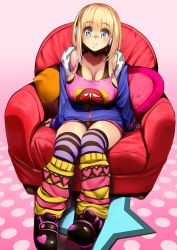 Rule 34 | blonde hair, breasts, couch, gen (black factory), highres, jacket, large breasts, leg warmers, short hair, sitting, smile, solo, thighhighs