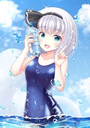 Rule 34 | 1girl, :d, absurdres, black hairband, black one-piece swimsuit, blue eyes, blue sky, bottle, bright pupils, cloud, cowboy shot, grey hair, hairband, highres, holding, holding bottle, index finger raised, konpaku youmu, looking at viewer, navel, ocean, one-piece swimsuit, open mouth, outdoors, partially submerged, partially underwater shot, plastic bottle, reimei (r758120518), short hair, sky, smile, solo, standing, swimsuit, touhou, underwater, wading, water bottle, white pupils