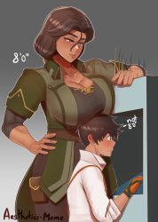 Rule 34 | 1boy, 1girl, absurdres, aestheticc-meme, age difference, breast rest, breasts, breasts on head, brown hair, cleavage, collared shirt, genderswap, genderswap (mtf), gloves, green eyes, grey background, hair between eyes, hand on own hip, hazel rainart, height conscious, height difference, highres, large breasts, long hair, muscular, muscular female, orange gloves, oscar pine, pouch, rwby, shirt, simple background, size difference, sleeves rolled up, suspenders, tall female, tan, thigh pouch, uniform, white shirt, yellow eyes