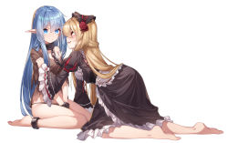 Rule 34 | 2girls, absurdres, apron, bare legs, barefoot, between legs, black dress, blonde hair, blue eyes, blue hair, blush, chain, chain leash, chain, cuffs, de da xianyu, dress, feet, frilled apron, frills, half updo, hand between legs, headdress, highres, juliet sleeves, kneeling, leash, long hair, long sleeves, looking at another, maid, multiple girls, original, pointy ears, puffy sleeves, red eyes, shackles, sidelocks, simple background, sitting, smile, teeth, torn clothes, v arms, very long hair, waist apron, wariza, white background, wide sleeves, yuri