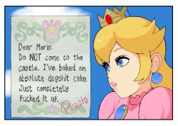 Rule 34 | 1girl, blonde hair, blue background, blue eyes, border, character name, crown, dress, earrings, english text, from side, gem, giganticbuddha, highres, jewelry, letter, long hair, mario (series), nintendo, pink dress, portrait, princess peach, profanity, solo, super mario 64, white border