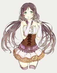 Rule 34 | 10s, 1girl, akakura, arm warmers, bare shoulders, corset, covering own mouth, dress, frilled dress, frills, green eyes, grey background, hand over own mouth, lace-up, love live!, love live! school idol festival, love live! school idol project, purple hair, scrunchie, solo, tojo nozomi, twintails