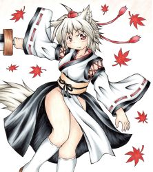 Rule 34 | 1girl, absurdres, animal ears, autumn leaves, blush, breasts, collarbone, detached sleeves, fang, hat, highres, inte (whitewolftail), inubashiri momiji, kourindou tengu costume, leaf, looking at viewer, no panties, red eyes, short hair, silver hair, simple background, solo, sword, tail, thick thighs, thighs, tokin hat, touhou, weapon, white background, wolf ears, wolf tail