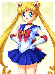 Rule 34 | 1girl, back bow, bishoujo senshi sailor moon, blonde hair, blue eyes, blue sailor collar, blue skirt, bow, choker, double bun, earrings, elbow gloves, gloves, hair bun, highres, jewelry, long hair, looking at viewer, magical girl, mimimix, open mouth, red choker, sailor collar, sailor moon, sailor senshi uniform, skirt, smile, solo, tsukino usagi, twintails, white gloves