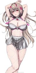 Rule 34 | 1girl, arms behind head, arms up, artist name, bare shoulders, black collar, blush, breasts, chain, choker, cleavage, clothes writing, collar, crop top, ekuskarma, fishnet pantyhose, fishnets, goddess of victory: nikke, hair intakes, heart collar, highres, horns, large breasts, light brown hair, long hair, mole, mole under eye, pantyhose, partially unzipped, pink horns, pleated skirt, red eyes, skirt, solo, viper (nikke), white skirt, zipper, zipper pull tab