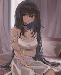 Rule 34 | 1girl, bare shoulders, bed sheet, blush, bracelet, choker, commentary request, cowboy shot, curtains, dress, duplicate, hair between eyes, hand up, highres, hinomaru (futagun), jewelry, long hair, looking at viewer, necklace, off shoulder, original, parted lips, pillow, pixel-perfect duplicate, sidelocks, sitting, sleeveless, solo