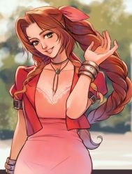 Rule 34 | 1girl, aerith gainsborough, bangle, bracelet, braid, braided ponytail, breasts, brown hair, choker, cleavage, cropped jacket, dress, final fantasy, final fantasy vii, final fantasy vii remake, flower choker, green eyes, hair ribbon, hand up, jacket, jewelry, large breasts, long hair, looking at viewer, outdoors, parted bangs, parted lips, pink dress, pink ribbon, red jacket, ribbon, short sleeves, sidelocks, smile, solo, thar chandran, upper body, wavy hair