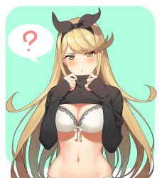 Rule 34 | 1girl, ?, absurdres, bad id, bad pixiv id, blonde hair, blush, bra, breasts, cleavage, clothes lift, earrings, goumudan, hair ribbon, hairband, highres, jewelry, large breasts, long sleeves, looking at viewer, mythra (xenoblade), navel, nintendo, panties, ribbon, shirt lift, sleeves past wrists, solo, spoken question mark, stomach, stud earrings, swept bangs, turtleneck, underwear, white bra, white panties, xenoblade chronicles (series), xenoblade chronicles 2, yellow eyes