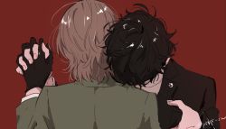 Rule 34 | 2boys, akechi gorou, amamiya ren, black gloves, black hair, black jacket, brown hair, gloves, green jacket, head on another&#039;s shoulder, holding hands, jacket, long sleeves, male focus, multiple boys, persona, persona 5, portrait, red background, sawa2, simple background, twitter username, yaoi