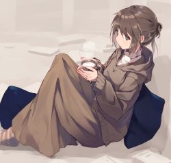 Rule 34 | 1girl, brown eyes, brown hair, brown skirt, brown sweater, closed mouth, cup, diagonal-striped legwear, fingernails, from above, full body, hair between eyes, hair bun, holding, holding cup, hood, hooded sweater, knees up, long skirt, long sleeves, mug, nagishiro mito, no shoes, original, shirt, single hair bun, sitting, skirt, sleeves past wrists, smile, socks, solo, steam, striped clothes, striped socks, sweater, turtleneck