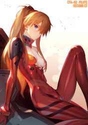 Rule 34 | 1girl, blue eyes, bodysuit, breasts, closed mouth, evangelion: 3.0 you can (not) redo, hairpods, highres, interface headset, knee up, long hair, long legs, looking at viewer, looking to the side, neon genesis evangelion, orange hair, pilot suit, plugsuit, rebuild of evangelion, red bodysuit, shiny skin, siino, sitting, small breasts, solo, souryuu asuka langley, thighs, torn bodysuit, torn clothes, twintails, two side up