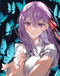 Rule 34 | 1girl, black background, blue butterfly, blush, bug, butterfly, dress, fate/hollow ataraxia, fate/stay night, fate (series), hair ribbon, highres, insect, light particles, long hair, looking at viewer, matou sakura, purple eyes, purple hair, red ribbon, ribbon, shimatori (sanyyyy), shiny clothes, short sleeves, solo, upper body, white dress