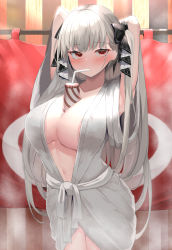 Rule 34 | 1girl, armpits, arms behind head, arms up, azur lane, bathrobe, between breasts, blush, breasts, center opening, cleavage, curtains, drinking straw, formidable (azur lane), grey hair, highres, large breasts, long hair, looking at viewer, navel, nephthys2356, red eyes, ribbon, steam, thighs, twintails, two-tone ribbon, very long hair