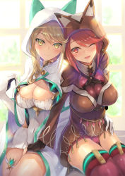 Rule 34 | 2girls, animal ears, animal hood, armor, backlighting, blonde hair, blurry, breasts, cat hood, cleavage, cleavage cutout, closed mouth, clothing cutout, commentary request, covered navel, cowboy shot, depth of field, earrings, fingerless gloves, gem, gloves, hand on another&#039;s leg, highres, hood, hood up, hooded jacket, indoors, inoue takuya (tactactak), jacket, jewelry, large breasts, long hair, long sleeves, looking at viewer, multiple girls, mythra (xenoblade), nintendo, parted lips, pyra (xenoblade), red eyes, red hair, red legwear, shiny skin, short hair, shoulder armor, sitting, smile, sunlight, swept bangs, thigh strap, thighhighs, thighs, window, xenoblade chronicles (series), xenoblade chronicles 2, yellow eyes