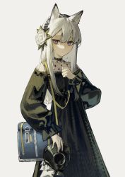 Rule 34 | 1girl, absurdres, animal ear fluff, animal ears, arknights, bag, black dress, cowboy shot, dress, flower, gas mask, grey hair, hair flower, hair ornament, hairband, hand on own chest, heavyrain (arknights), heavyrain (tranquil moss) (arknights), highres, horse ears, long hair, long sleeves, looking at viewer, mask, official alternate costume, parted lips, purple eyes, rose, shoulder bag, simple background, solo, striped clothes, striped hairband, unworn mask, white background, white flower, white rose, yoon cook