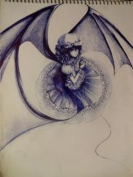 Rule 34 | 1girl, ballpoint pen (medium), bat wings, blue eyes, bonnet, demon wings, dress, expressionless, flat chest, from above, full body, grey background, hat, kkkkkei, layered dress, light purple hair, looking away, looking up, mob cap, monochrome, paper, pocket watch, puffy short sleeves, puffy sleeves, remilia scarlet, short hair, short sleeves, simple background, solo, string, touhou, traditional media, watch, white background, white dress, wings, wrist cuffs