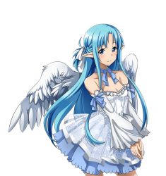 Rule 34 | 1girl, asuna (sao-alo), blue eyes, blue hair, blue ribbon, blush, breasts, choker, cleavage, cowboy shot, detached sleeves, dress, feathered wings, floating hair, hair ribbon, long hair, looking at viewer, own hands together, pointy ears, ribbon, ribbon choker, sleeveless, sleeveless dress, small breasts, smile, solo, standing, sword art online, transparent background, very long hair, white dress, white ribbon, white wings, wings