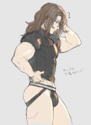 Rule 34 | 1boy, ?, ass, bara, black male underwear, black shirt, brown eyes, brown hair, bulge, closed mouth, granblue fantasy, grey background, highres, jockstrap, large pectorals, long hair, male focus, male underwear, momimomi, muscular, muscular male, pectorals, shirt, siegfried (granblue fantasy), simple background, solo, thick thighs, thighs, translation request, underwear
