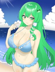 Rule 34 | 1girl, absurdres, bikini, blue bikini, blue sky, breasts, cleavage, closed mouth, cloud, commentary request, commission, cowboy shot, frog hair ornament, green eyes, green hair, hair ornament, highres, huge breasts, kochiya sanae, looking at viewer, ocean, outdoors, shirokumall, skeb commission, sky, smile, snake hair ornament, solo, swimsuit, touhou