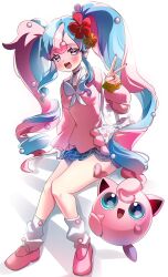 Rule 34 | 1girl, absurdres, aqua eyes, bag, blue choker, blue eyes, blue hair, blue skirt, blush, bow, breasts, cardigan, choker, chromatic aberration, clefairy sprite (pokemon), commentary, creatures (company), curly hair, earrings, fairy miku (project voltage), fingernails, flower, fossil sprite (pokemon), game freak, gen 1 pokemon, gradient hair, hair flower, hair ornament, hatsune miku, heart, heart choker, high heels, highres, jewelry, jigglypuff, knees, knees together feet apart, leg warmers, legs, light blue hair, long fingernails, long hair, long sleeves, looking at viewer, medium breasts, multicolored hair, nail polish, nintendo, nyaruin, open mouth, pillow, pink cardigan, pink eyes, pink footwear, pink hair, pink nails, plaid, plaid skirt, poke ball print, pokemon, pokemon (creature), project voltage, pumps, simple background, sitting, sitting on stairs, skirt, sleeves past wrists, smile, socks, stairs, symbol-only commentary, teeth, thighs, twintails, two-tone eyes, two-tone hair, upper teeth only, v, very long hair, vocaloid, white background, white bow, white socks