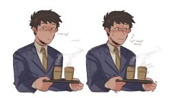 Rule 34 | 1boy, black eyes, blush, brown hair, brown necktie, buttoned cuffs, buttons, closed mouth, collared shirt, commentary, cropped torso, cup, english commentary, english text, formal, highres, holding, holding tray, jacket, long sleeves, looking to the side, male focus, mob psycho 100, mp100days, necktie, serizawa katsuya, shirt, short hair, simple background, steam, suit, suit jacket, tray, upper body, white background, white shirt
