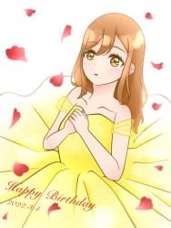 Rule 34 | 1girl, artist name, artist request, bare shoulders, blush, breasts, brown eyes, brown hair, cleavage, collarbone, dress, female focus, hair between eyes, kunikida hanamaru, light brown hair, long dress, long hair, looking at viewer, love live!, love live! sunshine!!, miniskirt, nail, nail polish, own hands together, parted lips, petals, pink nails, plaid, plaid dress, plaid skirt, pleated, pleated dress, pleated skirt, red petals, skirt, sleeveless, sleeveless dress, small breasts, smile, solo, white background, yellow dress, yellow eyes, yellow skirt