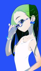 Rule 34 | 1girl, :o, adjusting eyewear, bare arms, bare shoulders, black eyes, blue background, blue nails, bracelet, breasts, collarbone, earrings, forehead, glasses, green hair, jewelry, long hair, nail polish, open mouth, original, petals, profile, shirt, simple background, small breasts, solo, take (illustrator), tank top, upper body, white shirt