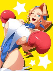 Rule 34 | 1girl, ;d, bandana, blonde hair, blue eyes, boxing gloves, breasts, cameltoe, capcom, covered erect nipples, earrings, garter straps, highleg, highleg leotard, jewelry, justice gakuen, large breasts, leotard, long hair, looking at viewer, o-ring, one eye closed, open mouth, shadow, shiritsu justice gakuen, smile, solo, star (symbol), star earrings, tamezou, thighhighs, tiffany lords, underboob, yellow background
