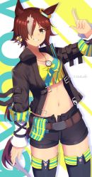 Rule 34 | 1girl, animal ears, black footwear, black shorts, boots, brown eyes, brown hair, brown jacket, ear ornament, grin, hair over eyes, highres, horse ears, horse girl, horse tail, jacket, jewelry, long sleeves, midriff, navel, necklace, open clothes, open jacket, pointing, pointing up, shirt, shorts, smile, solo, stopwatch, tail, thigh boots, toketa-sekai, umamusume, vodka (umamusume), watch, yellow shirt