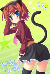 Rule 34 | 00s, 1girl, animal ears, black skirt, blue eyes, bob cut, brown hair, cat ears, cat tail, check translation, cowboy shot, fake animal ears, flying sweatdrops, green background, hairband, leaning forward, looking at viewer, looking back, miniskirt, moribe (rabumanyo), official alternate costume, outline, rita mordio, shirt, short hair, simple background, skirt, solo, standing, star (symbol), tail, tales of (series), tales of vesperia, thighhighs, translated, translation request, tsurime, white outline, zettai ryouiki