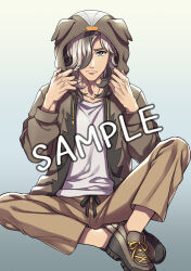 Rule 34 | &gt;:), 1boy, animal ears, animal hood, arven (pokemon), black hair, blue background, blue eyes, brown footwear, brown jacket, brown pants, closed mouth, comiket 101, creatures (company), dog ears, dog hood, drawstring, fake animal ears, game freak, gradient background, grey hair, hair over one eye, hands up, highres, hood, hood up, hooded jacket, jacket, looking at viewer, male focus, mono land, multicolored hair, nintendo, open clothes, open jacket, pants, pokemon, pokemon sv, sample watermark, shirt, shoes, sitting, smile, solo, streaked hair, thick eyebrows, v-shaped eyebrows, watermark, white shirt