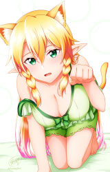 Rule 34 | animal ear fluff, animal ears, blonde hair, braid, breasts, cat day, cat ears, cat girl, cat tail, dress, elf, extra ears, fairy (sao), fang, green dress, green eyes, highres, ken-ji, large breasts, leafa, long hair, multicolored hair, open mouth, paw pose, pink hair, pointy ears, sword art online, tail, twitter username, two-tone hair, very long hair