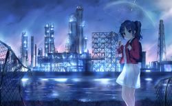 Rule 34 | 1girl, backlighting, black hair, blouse, blue eyes, blue theme, building, ezoshika, ezoshika gg, from side, hair ornament, high ponytail, highres, holding, holding umbrella, jacket, long hair, looking at viewer, night, open clothes, open jacket, original, outdoors, rain, red jacket, river, see-through, shirt, skirt, sky, solo, standing, transparent, transparent umbrella, umbrella, white shirt, white skirt
