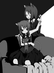 Rule 34 | 2girls, angry, animal ears, bad id, bad pixiv id, bell, button eyes, buttons, cat ears, cat tail, closed eyes, couch, greyscale, high contrast, hugging doll, hugging object, kneeling, long hair, monochrome, multiple girls, namori, original, sitting, stuffed animal, stuffed cat, stuffed toy, tail