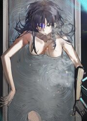 Rule 34 | 1girl, absurdres, angelia (girls&#039; frontline), bathing, bathtub, black hair, blueblossom, cigarette, commentary, english commentary, girls&#039; frontline, highres, long hair, looking at viewer, looking up, mechanical arms, nude, parted lips, partially submerged, prosthesis, prosthetic arm, scar, scar on chest, solo, water