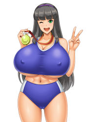 Rule 34 | 1girl, black hair, breasts, huge breasts, kawanuma uotsuri, long hair, saionji natsu, smile, underboob, v, wink