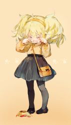 Rule 34 | 1girl, alternate costume, bag, black footwear, blonde hair, blouse, blush, child, crying, food, girls&#039; frontline, grey pantyhose, hair between eyes, hairband, highres, imoko (imonatsuki), loafers, long hair, messy hair, open mouth, orange hairband, orange shirt, pantyhose, rubbing eyes, s.a.t.8 (girls&#039; frontline), shirt, shoes, shoulder bag, shoulder purse, sidelocks, simple background, skirt, solo, striped clothes, striped skirt, tears, twintails