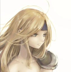 Rule 34 | 1girl, blonde hair, blue eyes, blue headband, celes chere, closed mouth, final fantasy, final fantasy vi, frown, headband, ichi (pixiv6373491), long hair, shoulder pads, simple background, solo, upper body, white background