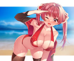 Rule 34 | 1girl, :d, bare shoulders, bikini, black jacket, black thighhighs, blurry, blurry background, blush, breasts, cleavage, collarbone, commentary request, cowboy shot, hair ribbon, halterneck, highres, hololive, houshou marine, houshou marine (summer), jacket, large breasts, leaning forward, long hair, long sleeves, off shoulder, open mouth, red bikini, red eyes, red hair, red ribbon, ribbon, salute, smile, solo, standing, swimsuit, teeth, thighhighs, twintails, upper teeth only, virtual youtuber, wet, yuruto