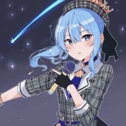 Rule 34 | 1girl, absurdres, arairev, black gloves, blue hair, blush, buckle, choker, collared shirt, crown, gloves, grey hat, hair between eyes, hands up, hat, highres, holding, holding microphone, hololive, hoshimachi suisei, hoshimachi suisei (1st costume), long hair, long sleeves, looking at viewer, messy hair, microphone, open mouth, purple eyes, shirt, sidelocks, solo, star (sky), sweat, upper body, virtual youtuber, wrist cuffs