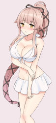 Rule 34 | 1girl, adapted costume, bikini, bikini skirt, breasts, brown eyes, commentary request, cowboy shot, grey background, hair ribbon, highres, kantai collection, large breasts, long hair, looking at viewer, nanashiki fuuka, pink hair, ponytail, ribbon, simple background, skirt, solo, standing, swimsuit, very long hair, white bikini, white skirt, yura (kancolle)