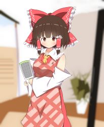 Rule 34 | 1girl, absurdres, akabeco, apron, blush, bow, brown eyes, brown hair, closed mouth, cookie (touhou), detached sleeves, hair bow, hair tubes, hakurei reimu, highres, looking at viewer, red bow, rurima (cookie), short hair, smile, solo, touhou
