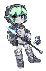 Rule 34 | 1girl, alien, aqua hair, black eyes, black footwear, black gloves, boots, breasts, cleft of venus, colored skin, creature and personification, energy weapon, full body, gigazapper, gloves, grey skin, holding, holding polearm, holding weapon, knee boots, no nose, nyong nyong, personification, polearm, reference inset, short hair, simple background, small breasts, solo, spear, standing, terraria, uncensored, weapon, white background