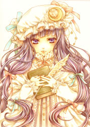 Rule 34 | 1girl, book, bow, colored pencil (medium), crescent, eyelashes, female focus, hair bow, hat, jewelry, lips, long hair, looking at viewer, patchouli knowledge, purple eyes, quill, ribbon, shiratama (mofutto), solo, star (symbol), touhou, traditional media, upper body, very long hair