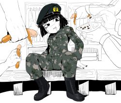 Rule 34 | 1girl, :t, bbtan, beret, black eyes, black hair, blunt bangs, boots, camouflage, combat boots, commentary, creepy susie, disembodied hand, drooling, english commentary, food, food in mouth, full body, hat, military, military uniform, phallic symbol, sausage, sexually suggestive, sitting, solo focus, tears, the oblongs, uniform, yogurt