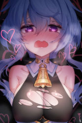 Rule 34 | 1girl, @ @, artist name, bare shoulders, bell, black background, blue hair, blush, breasts, cleavage, collarbone, covered erect nipples, ganyu (genshin impact), genshin impact, hair between eyes, heart, heart in eye, heavy breathing, highres, large breasts, long hair, looking at viewer, nose blush, open mouth, purple eyes, qys3, simple background, solo, symbol in eye, torn clothes, upper body